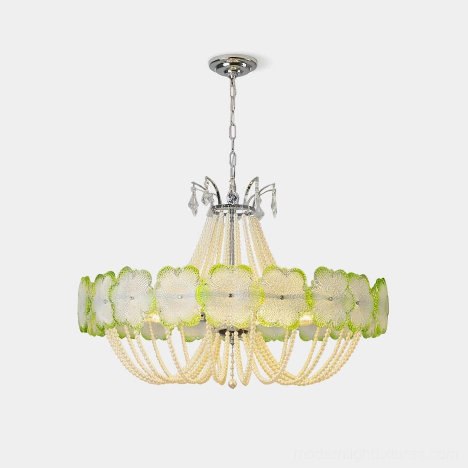 White botanical flower glass chandelier with chrome metal frame and petal-shaped glass shades, modern pendant light fixture front view