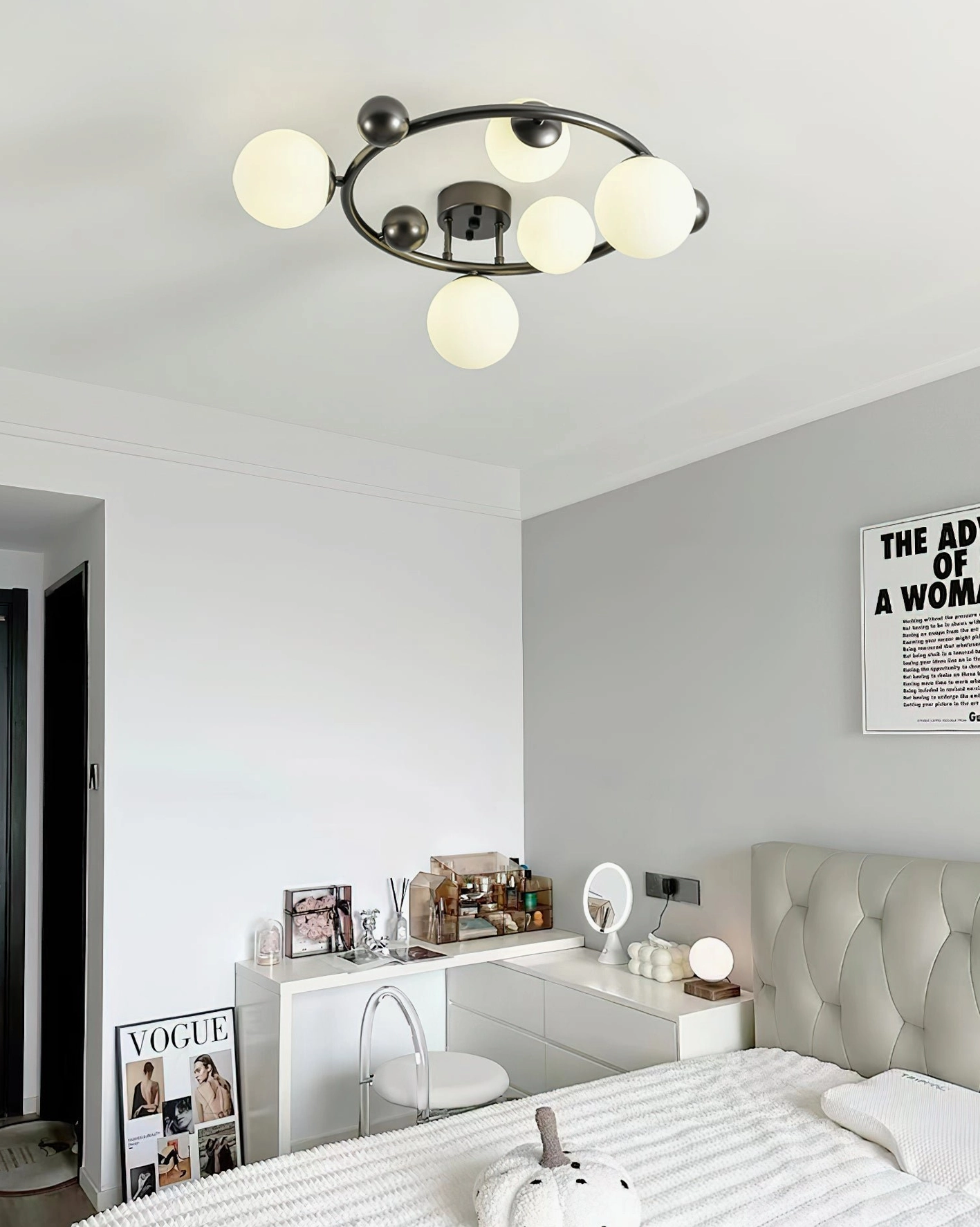 Modern flush ceiling light installed above vanity desk in contemporary bedroom - frosted glass globe details