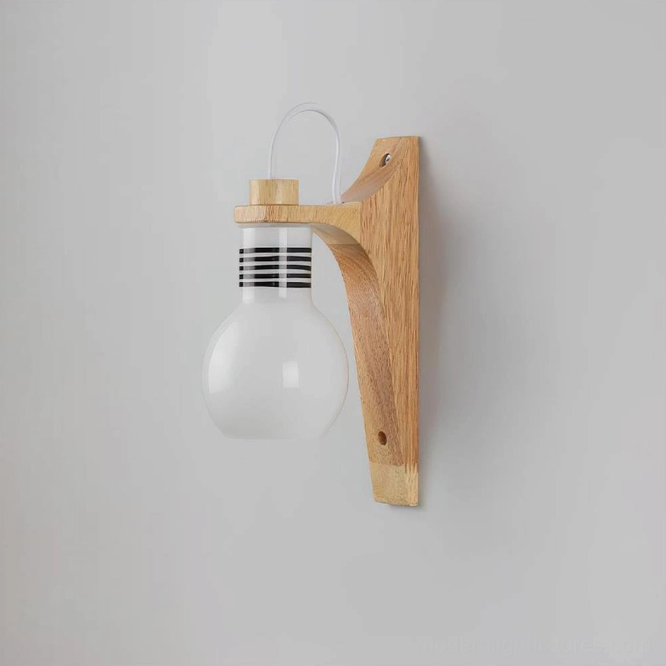 Modern frosted glass globe wall sconce with wooden mounting bracket, architectural design detail