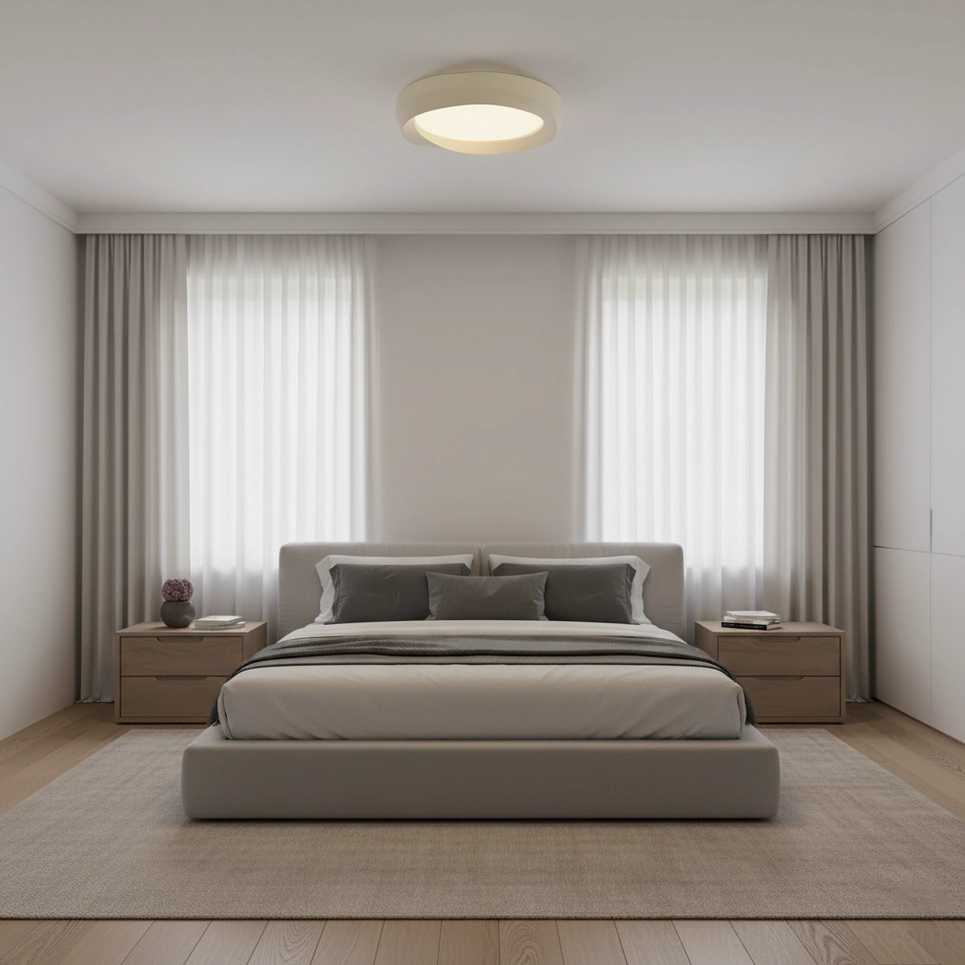 Contemporary flush mount ceiling lamp showing clean geometric form in neutral color palette