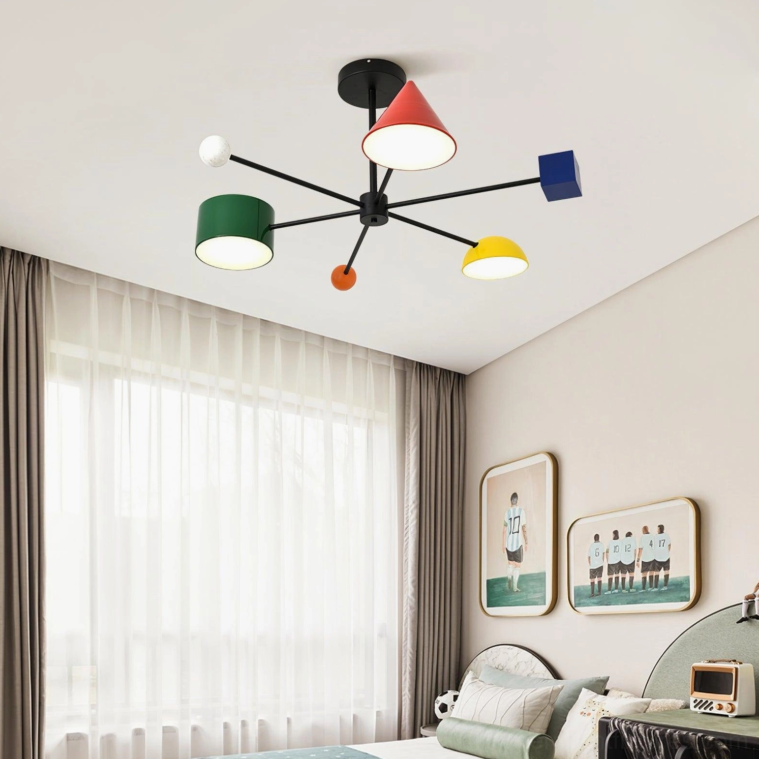Playful geometric ceiling chandelier in Nordic kids bedroom with colorful lamp shades and soft window lighting