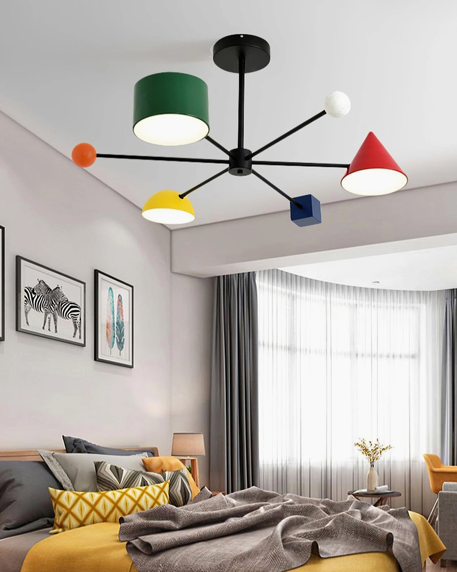 Modern geometric colorful ceiling light fixture product lifestyle shot showing installation and ambient lighting