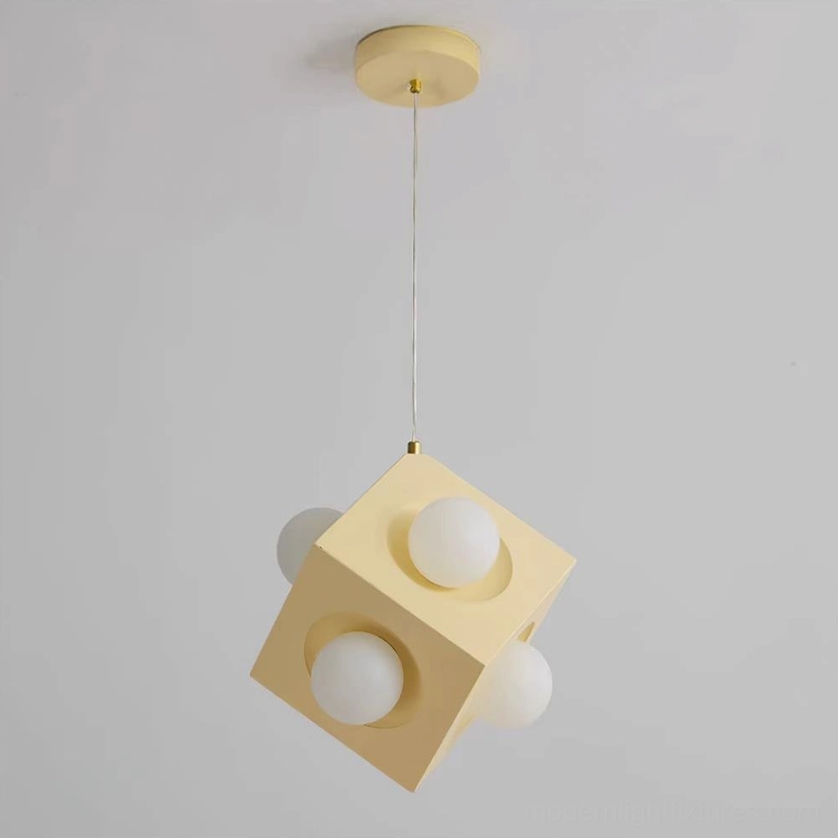 Minimalist yellow cubic LED pendant light demonstrating versatile placement in modern home decor