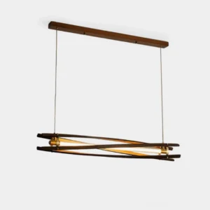 Modern linear wood LED chandelier with crossed wood slats and integrated warm white light, front view on white background