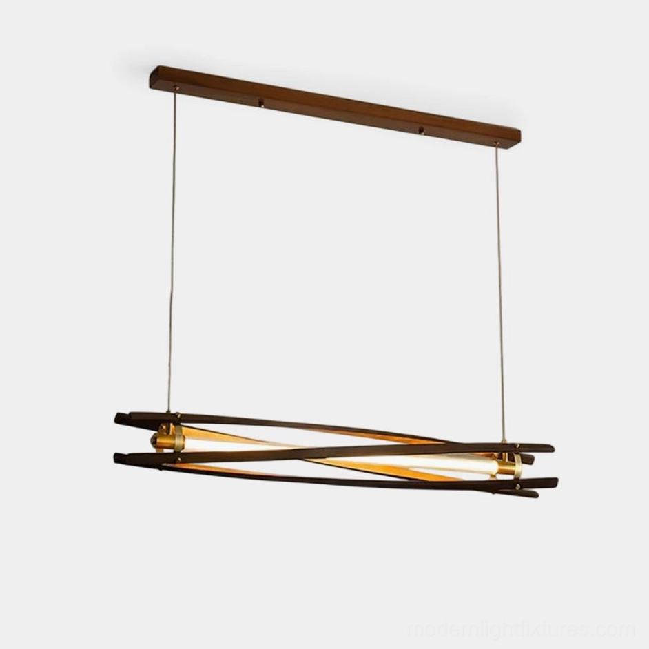 Modern linear wood LED chandelier with crossed wood slats and integrated warm white light, front view on white background