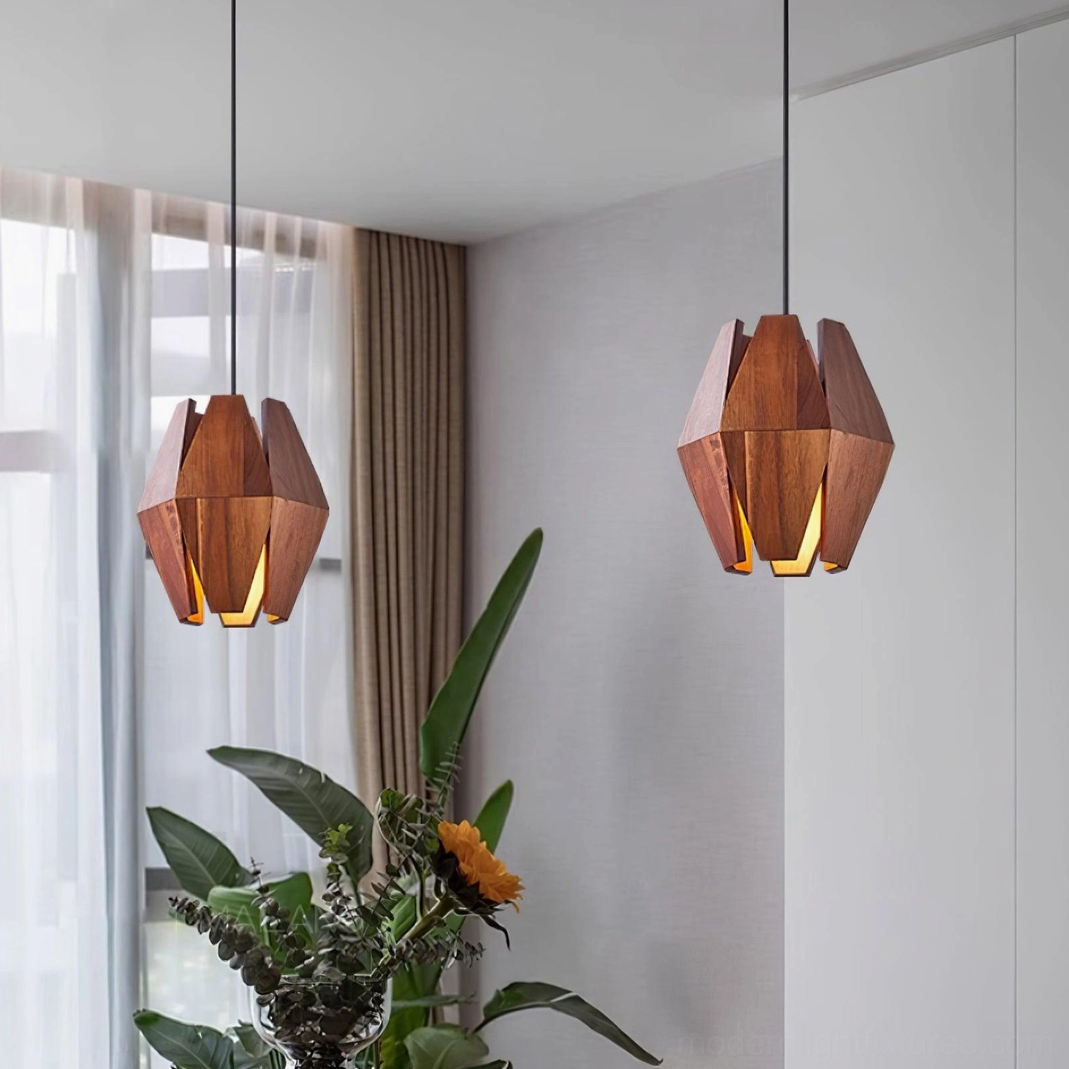 Modern geometric wood pendant fixture in home interior showing placement and ambiance