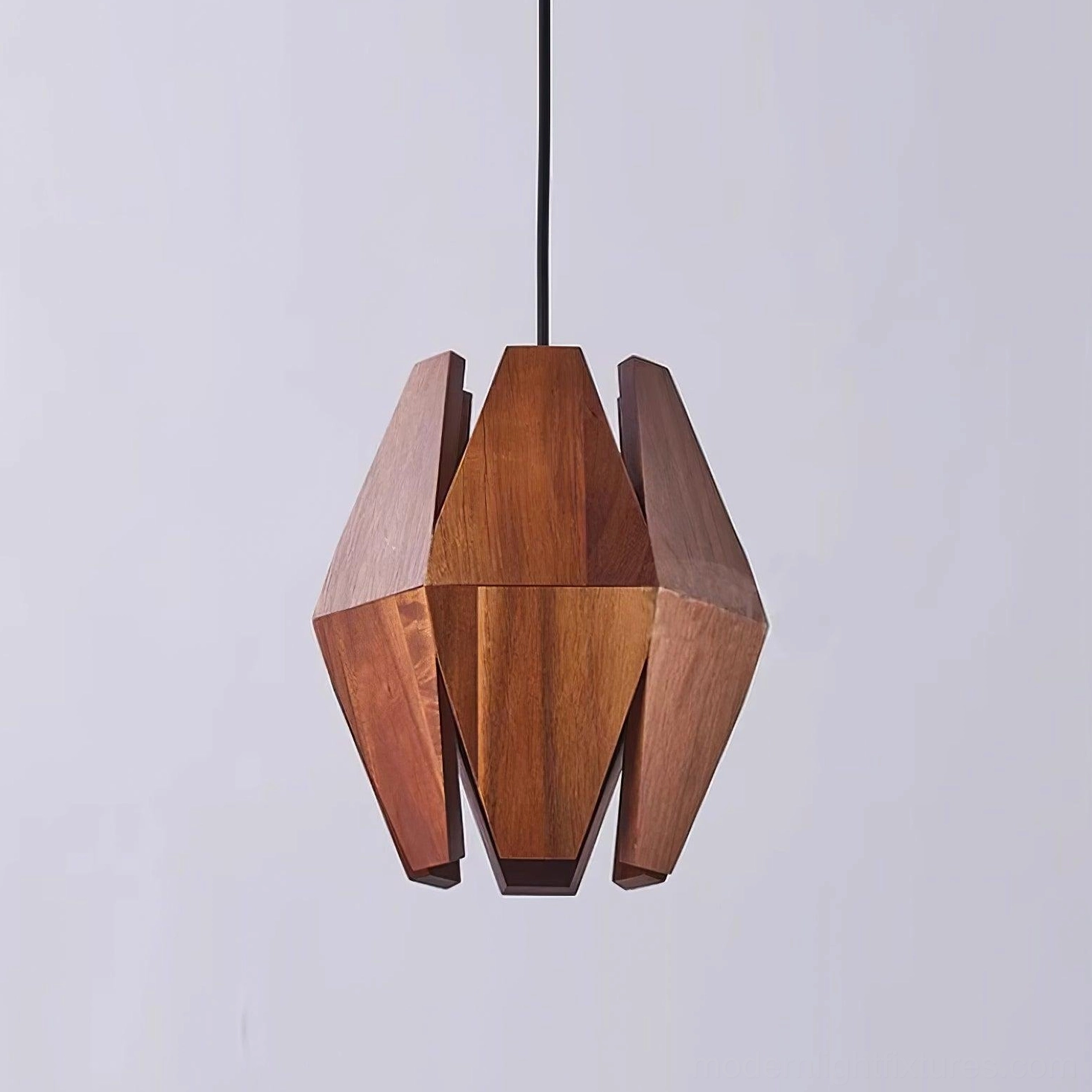 Modern geometric wood pendant light enhancing minimalist interior aesthetic and ambiance