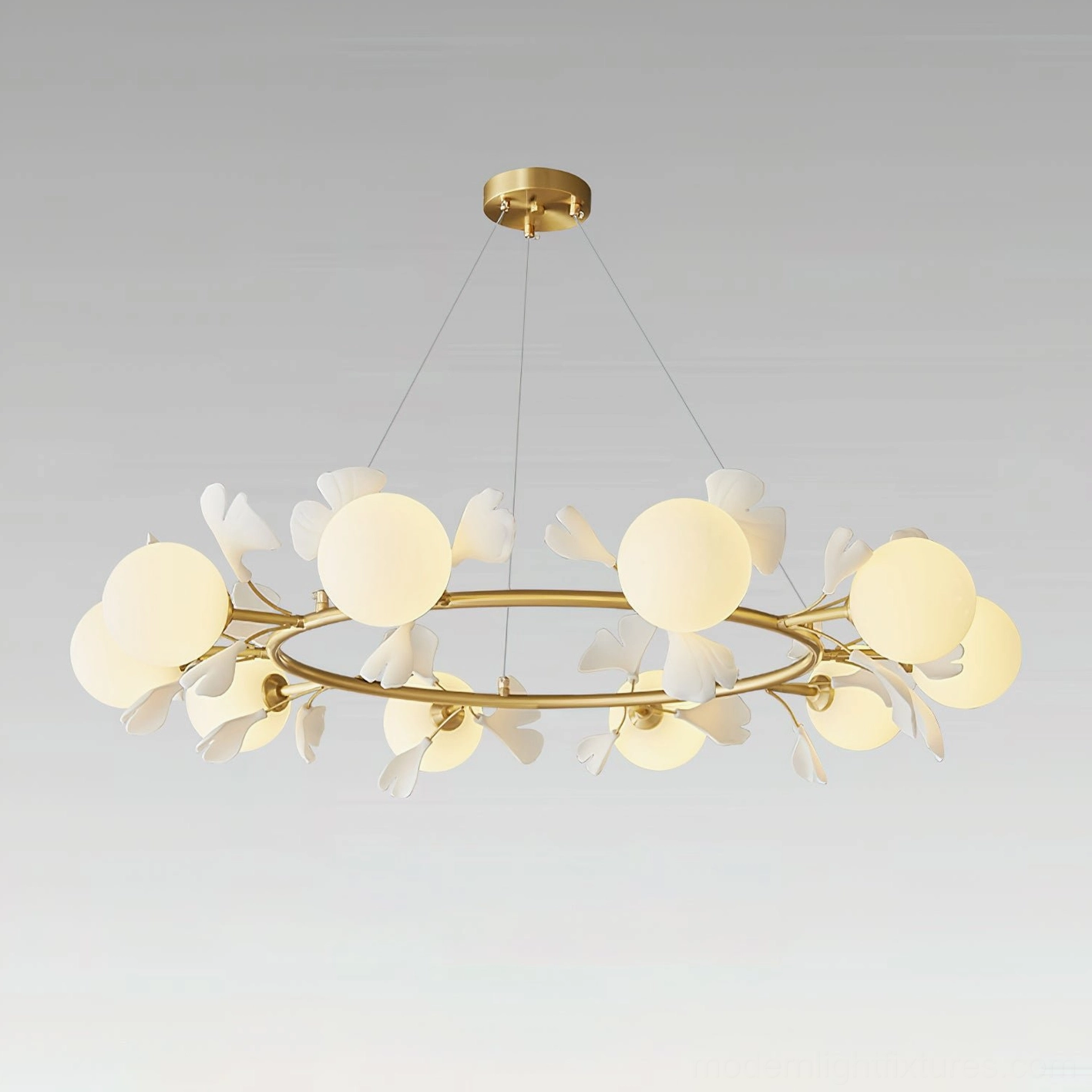 Contemporary ginkgo leaf pendant chandelier three-quarter angle studio shot