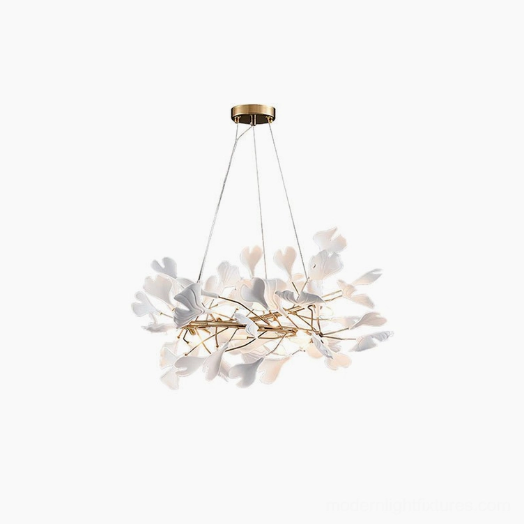 Modern ginkgo leaf chandelier U-style with ceramic white leaves and metal frame detail