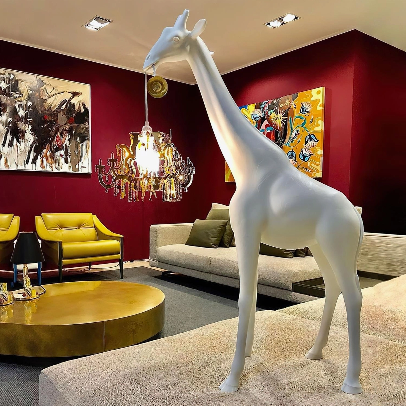 Modern giraffe floor lamp art installation style lighting with resin sculpture and crystal pendant elements