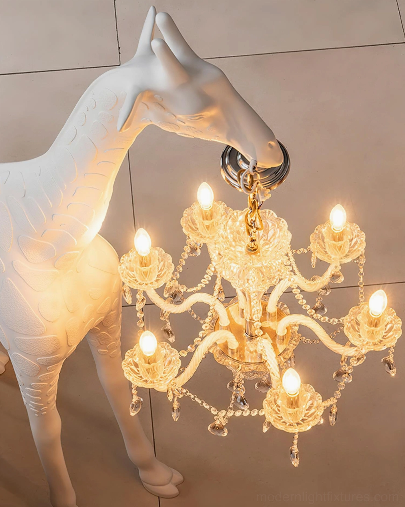 Modern giraffe sculpture floor lamp in contemporary interior setting with artistic home decor styling