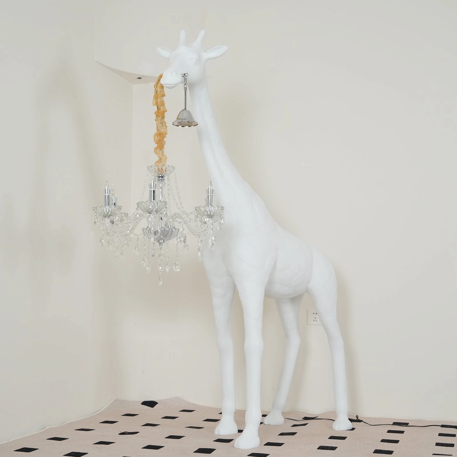 Modern giraffe floor lamp sculptural lighting with artistic form and glowing crystal pendant fixture