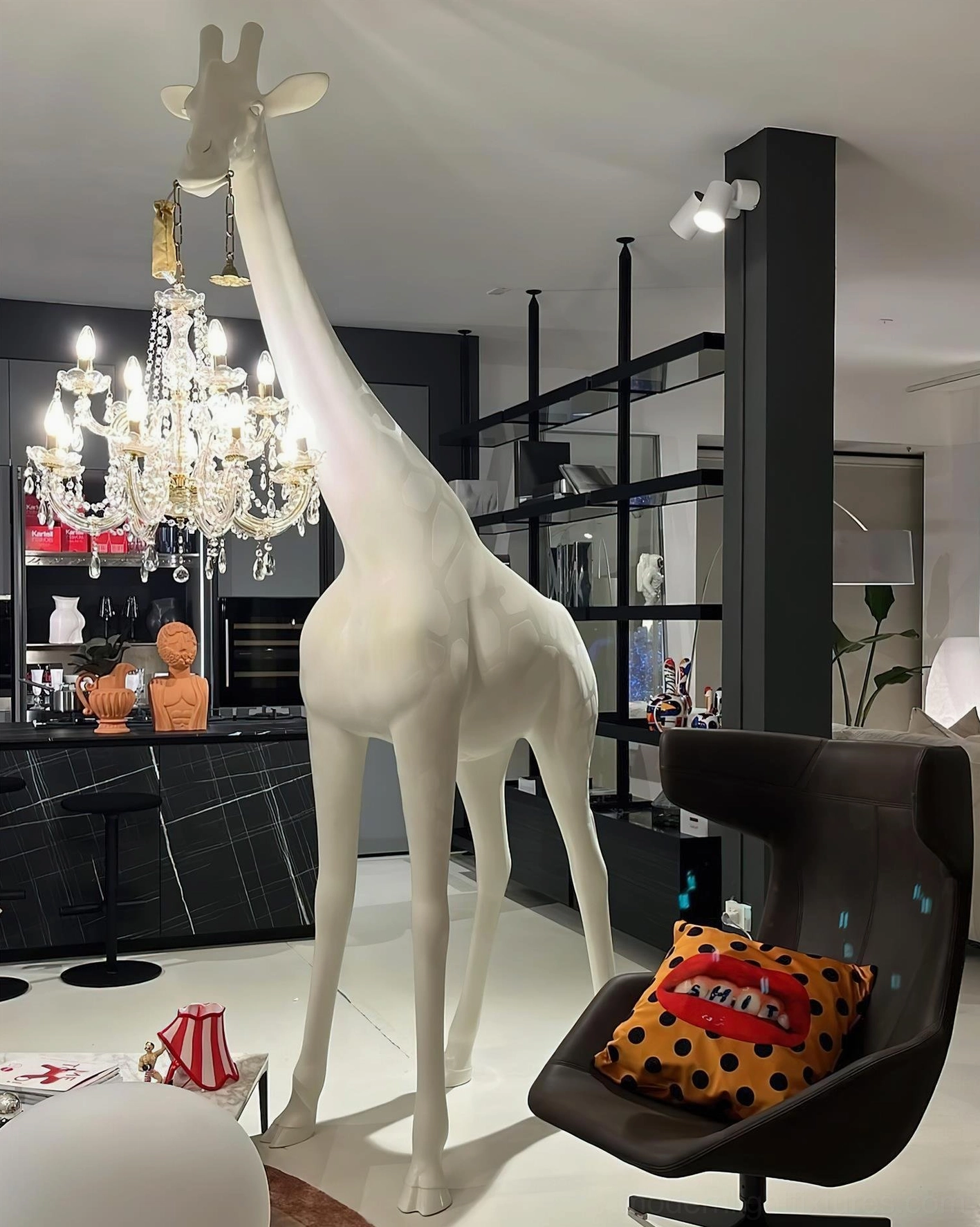 Modern giraffe statue floor lamp architectural lighting sculpture with crystal pendant and warm ambient light
