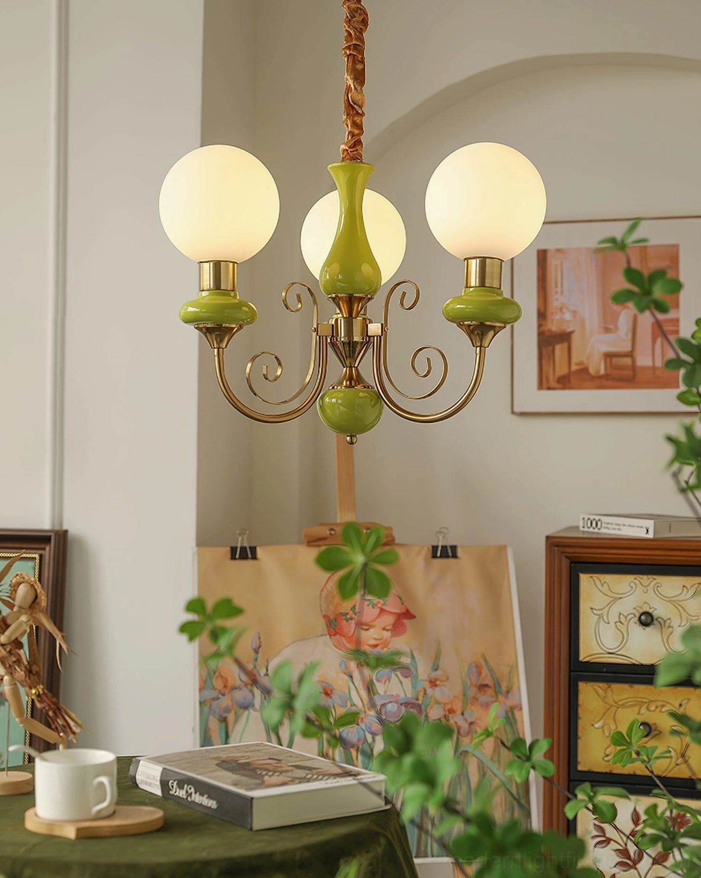Modern glass chandelier ceiling fixture, frosted spherical shades with metal frame