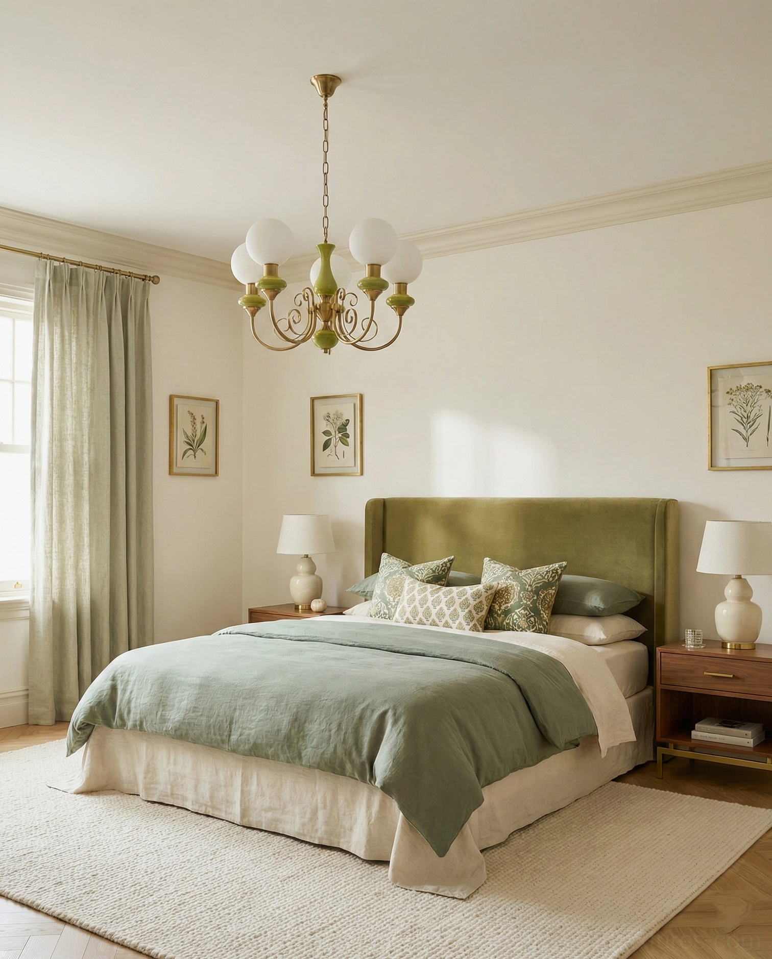 Frosted glass shades modern chandelier in French bedroom with green coordinated home decor