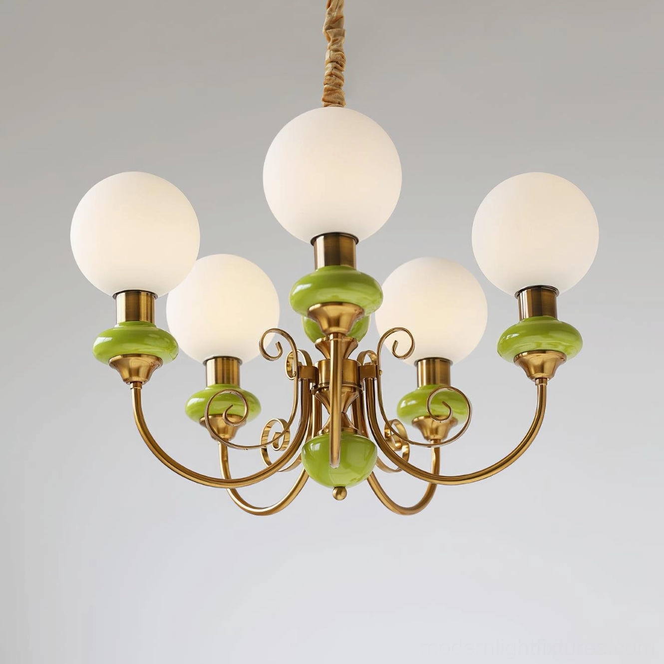 Modern glass chandelier with ceramic color accents and frosted white spherical lights