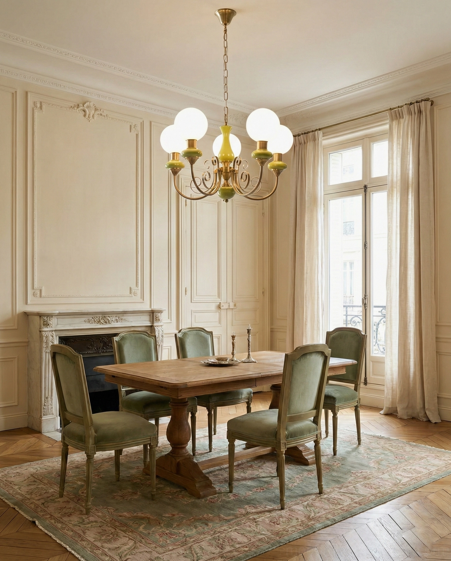 Modern chandelier creating warm ambient light in elegant dining room with fireplace setting
