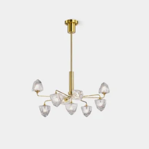 Modern glass chandelier with faceted clear shades and luxury brass gold metal frame on white studio background