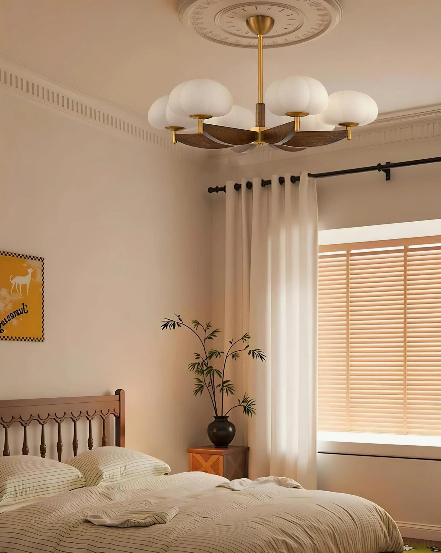 6-head cloud glass pendant chandelier installed in master bedroom with wooden bed frame, neutral warm home decor setting