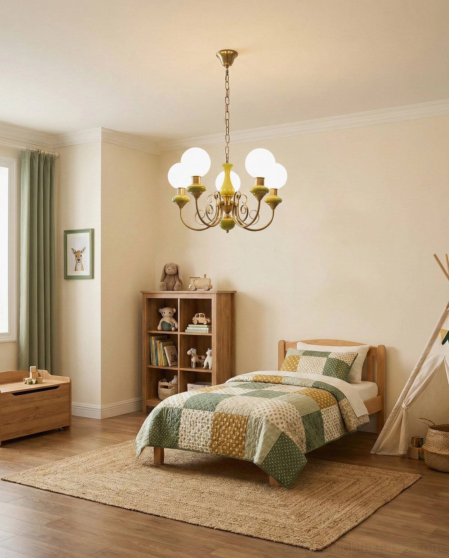 Modern glass chandelier with multiple frosted white shades and gold metallic arms