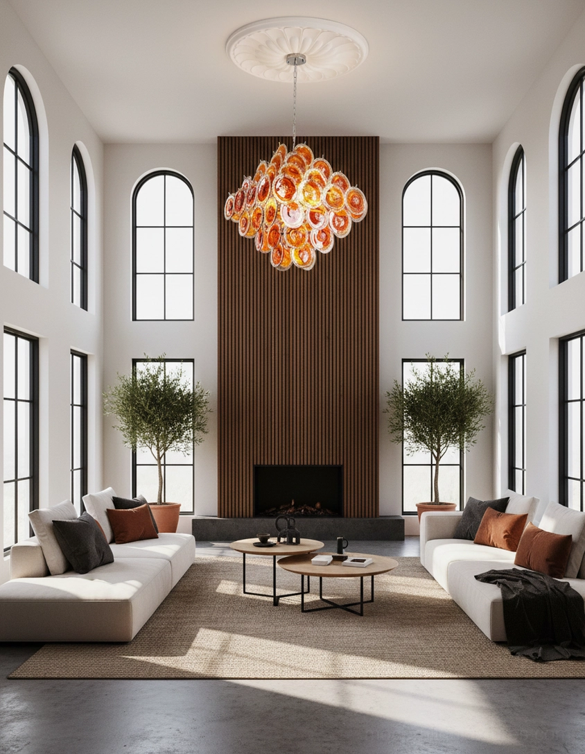 Modern glass disc chandelier ambient lighting view showing atmospheric illumination in contemporary interior space
