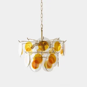 Modern glass disc chandelier with brass gold frame and caramel clear glass shades front view on white background