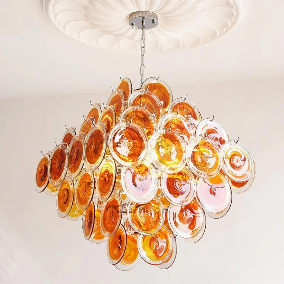 Modern glass disc chandelier caramel color warm tone installed view in luxury contemporary interior