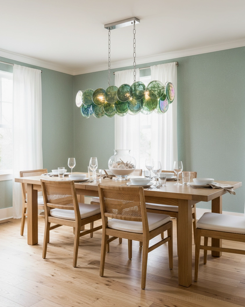 Modern glass disc chandelier with clear transparent discs and polished chrome metal frame