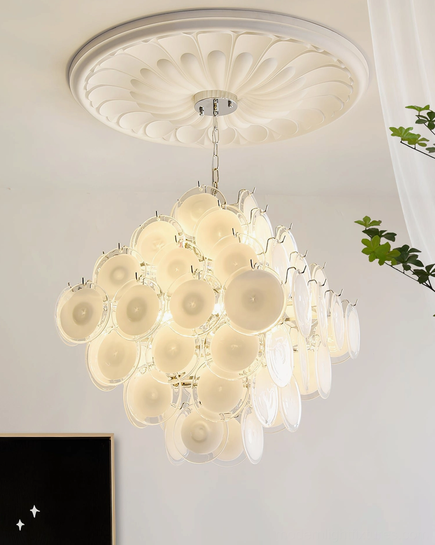 Modern glass disc chandelier office lobby institutional view demonstrating commercial application potential