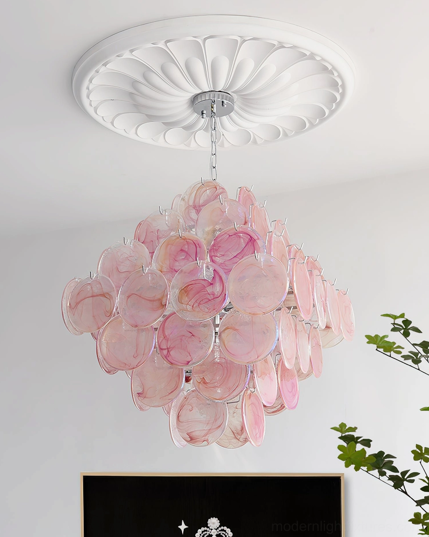 Modern glass disc chandelier conference room professional space installation view with contemporary styling
