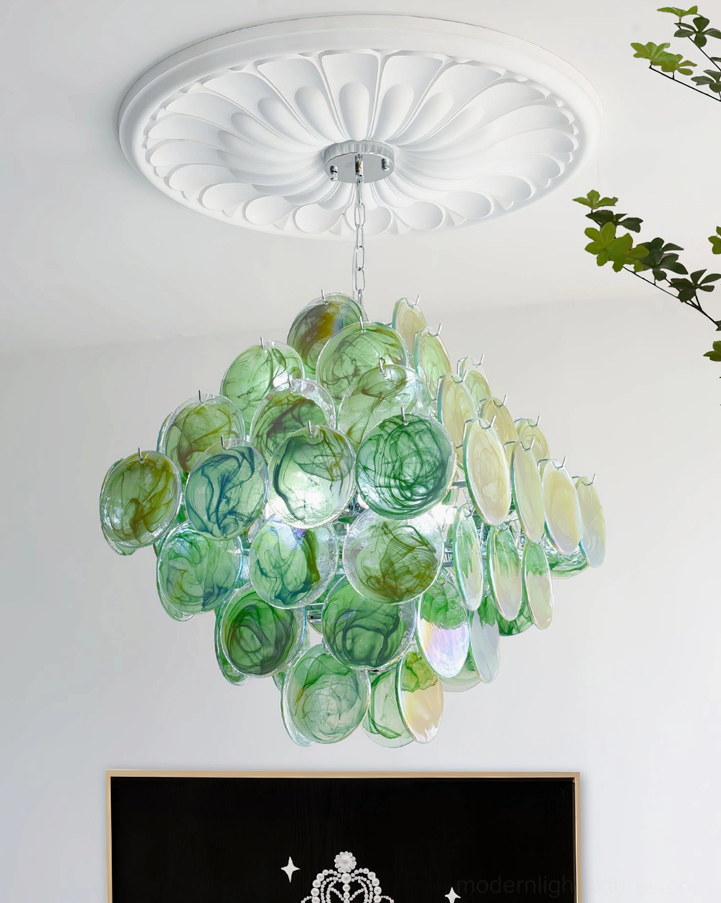 Modern glass disc chandelier kitchen island view demonstrating practical placement and functional aesthetic