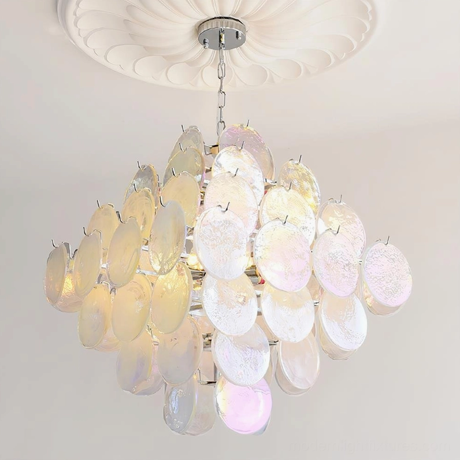 Modern glass disc chandelier opalescent color iridescent effect studio view with controlled lighting setup