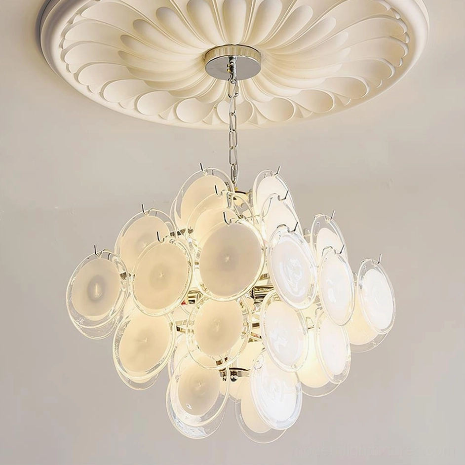 Modern glass disc chandelier pink color soft tone interior installation showing warm aesthetic lighting