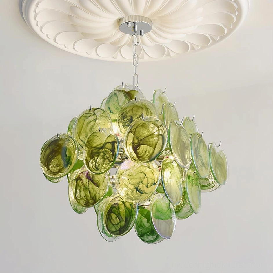 Modern glass disc chandelier studio shot showing complete design form and glass disc layering arrangement
