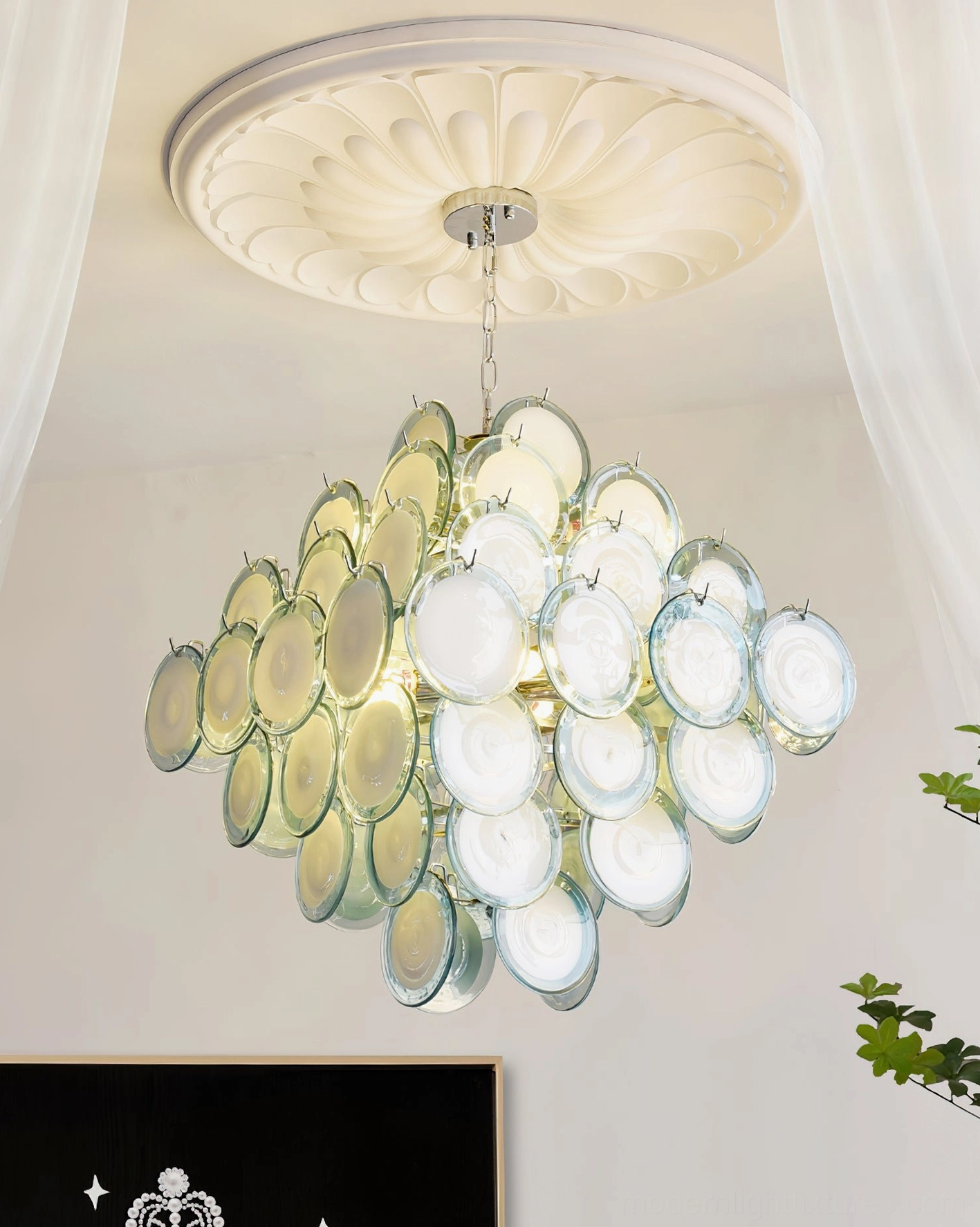 Modern glass disc chandelier three-dimensional dimensional model view showing spatial form and structure clarity