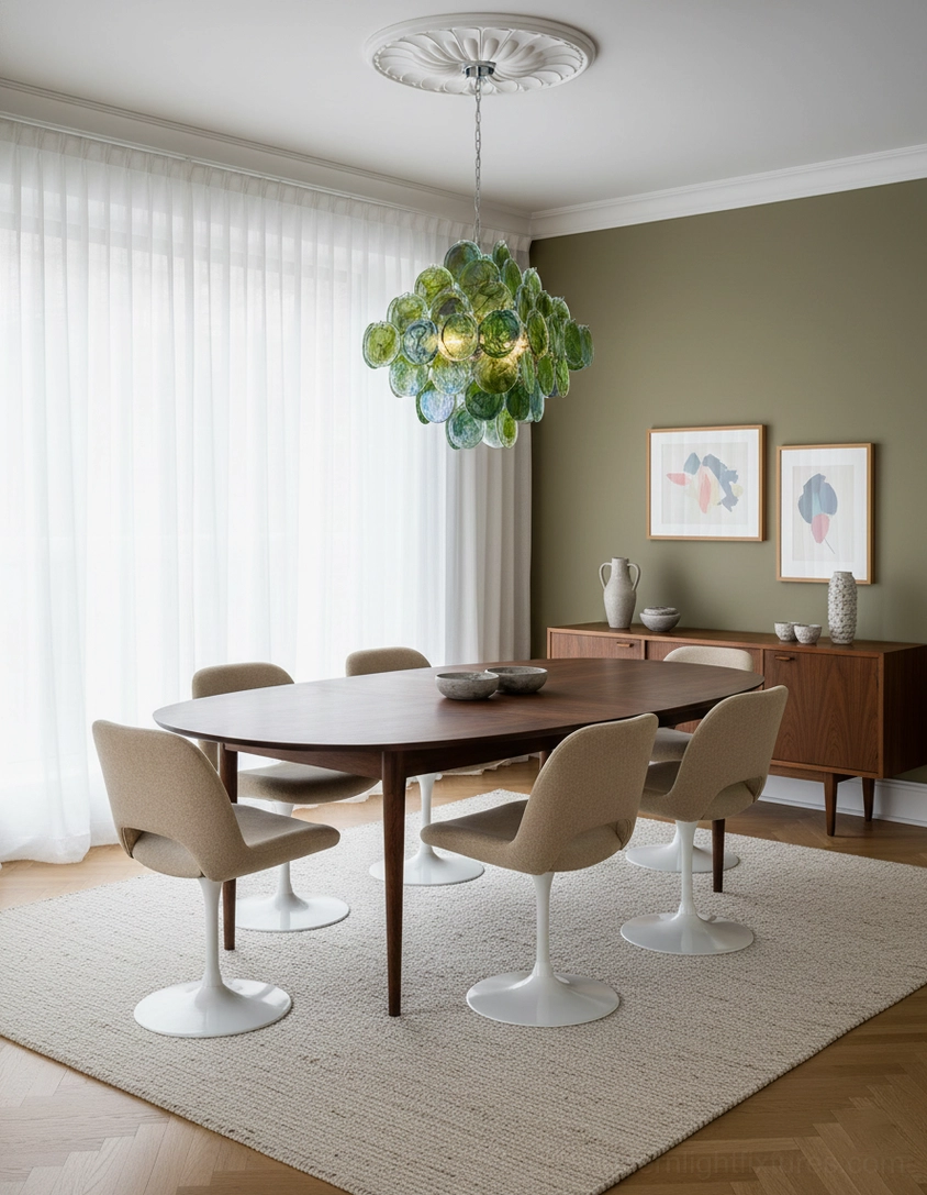 Modern glass disc chandelier three-quarter view displaying full sculptural form and layered glass arrangement