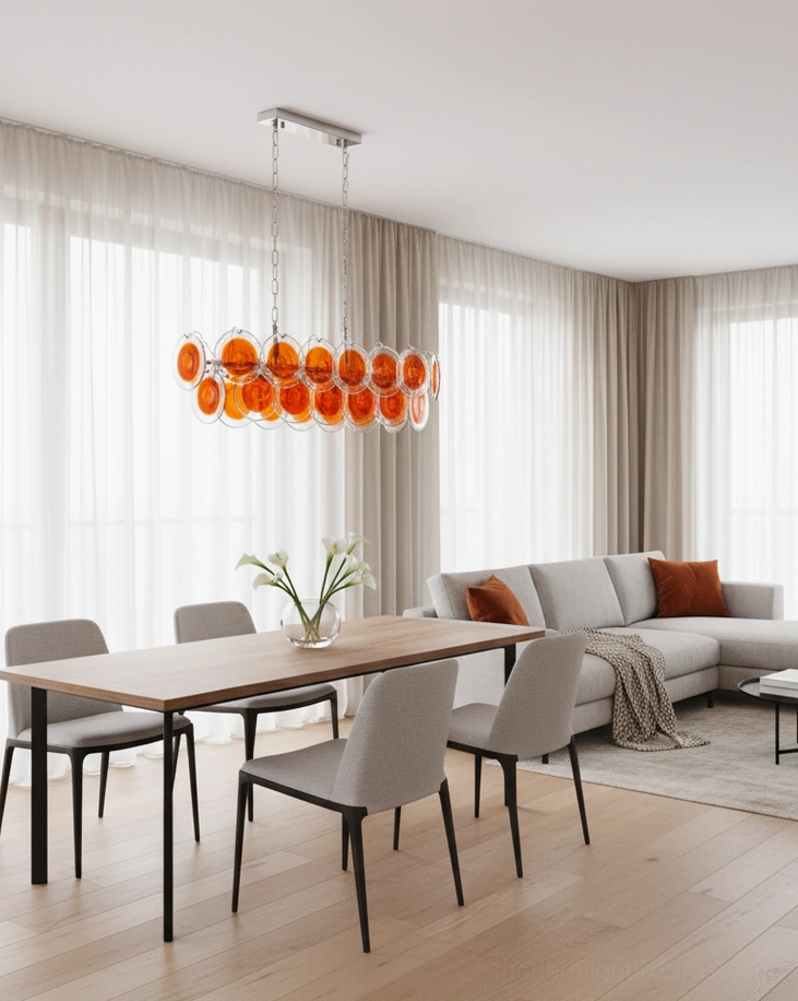 Modern glass disc pendant light with blue marbled shades creating artistic light diffusion