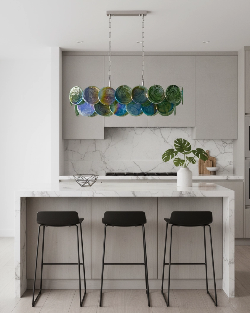 Modern glass disc pendant chandelier featuring colorful white gradient marbled glass discs