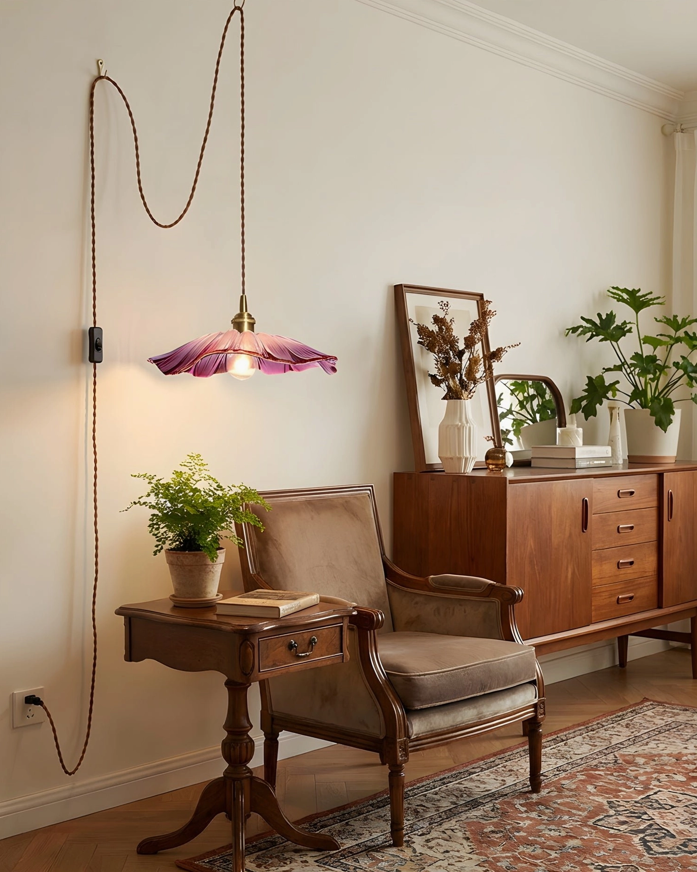 Modern flower glass pendant light with clear petal shade and brass base in living space