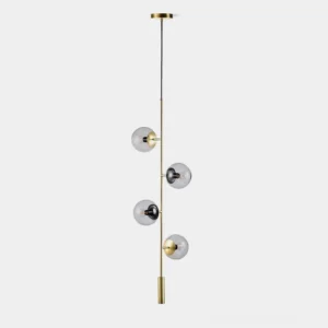 Modern glass orb chandelier with brass accents and multiple hanging glass spheres, studio product view