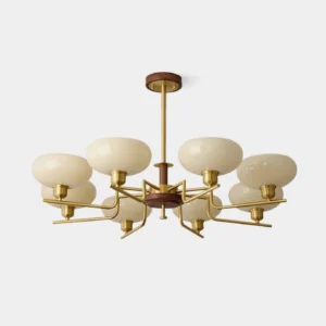 Modern 8-head glass pendant chandelier with brass frame and frosted glass shades overhead view studio photography