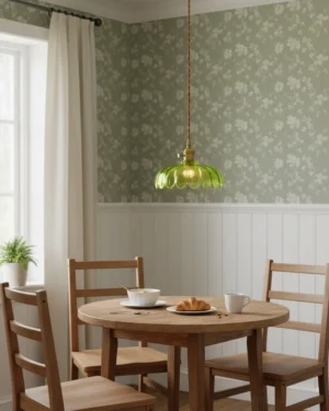 Green glass pendant lamp in farmhouse dining room with floral wallpaper