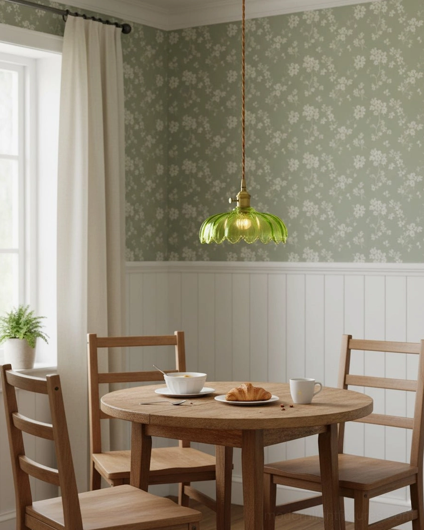 Green glass pendant lamp in farmhouse dining room with floral wallpaper