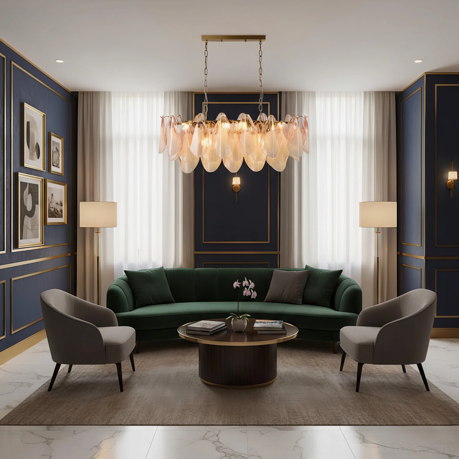 Modern glass petal chandelier suspended from brass frame showing architectural metal construction