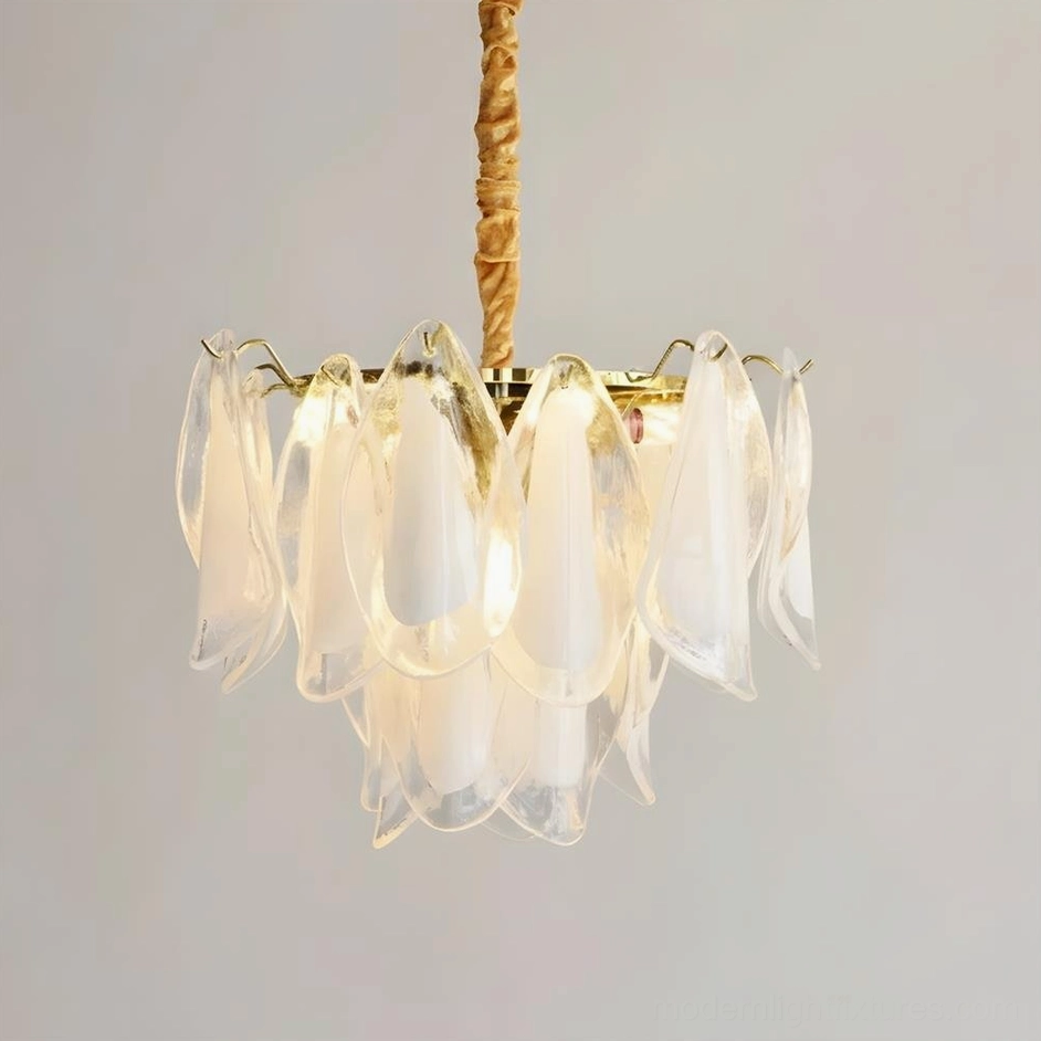 Modern glass petal chandelier showing layering technique and dimensional depth effect