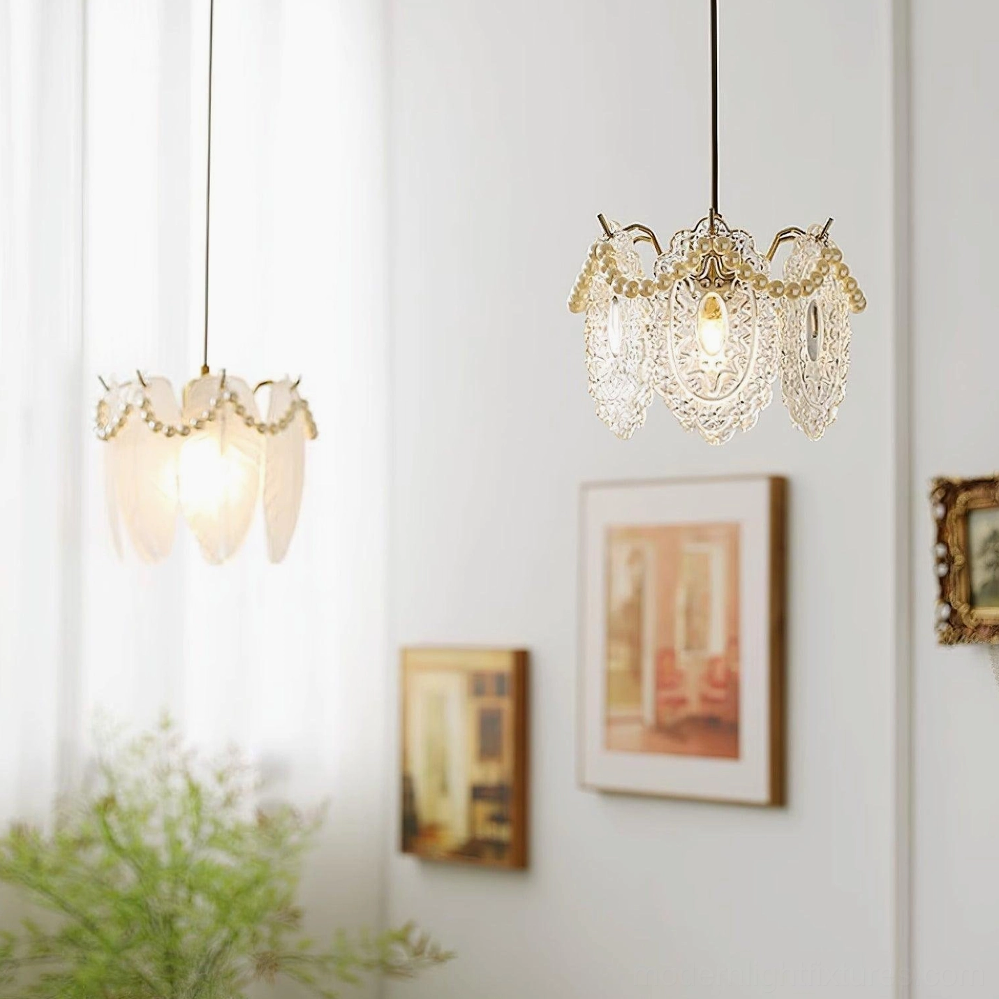 Modern glass petal pendant lamp with brass hardware and pearl trim installed in contemporary home space