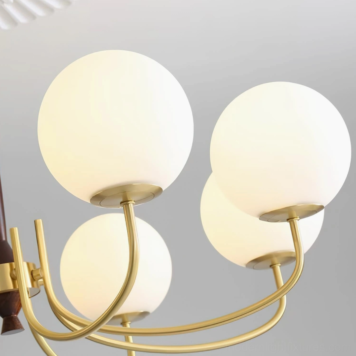Multi-angle display of modern globe chandelier showing brass framework and walnut wood detailing