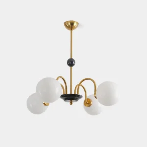 Modern geometric globe pendant chandelier with cognac glass shades and angular black frame - front studio view