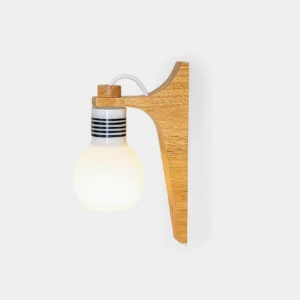 Modern globe wall sconce with frosted glass and wooden bracket, front studio view, minimalist lighting design