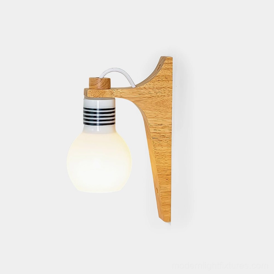 Modern globe wall sconce with frosted glass and wooden bracket, front studio view, minimalist lighting design